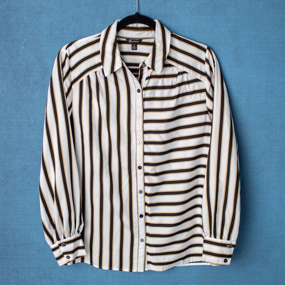 Versona Women’s Small Striped Button Front Blouse Black White Tan Shirt